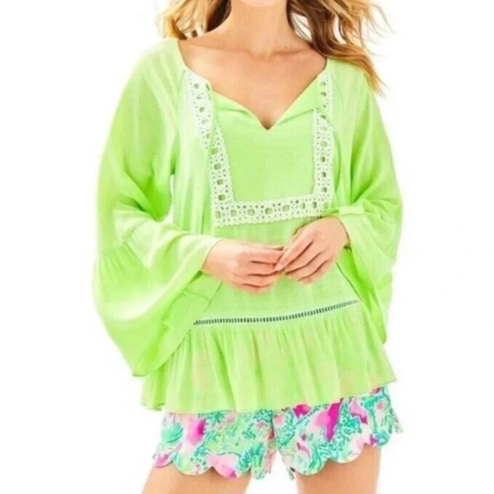 Lilly Pulitzer Amisa Top Mermaid Green Size XS Long Bell Sleeve Peasant Blouse - Picture 1 of 9